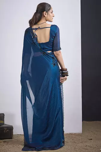 Blue satin silk elegant designer saree with sequin sleek design