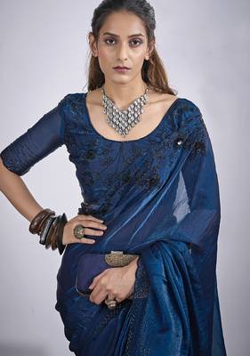 Blue satin silk elegant designer saree with sequin sleek design 5