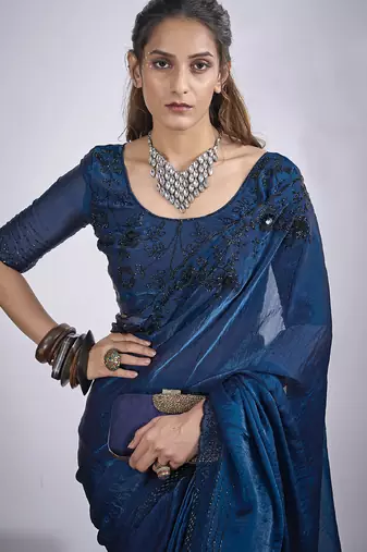 Blue satin silk elegant designer saree with sequin sleek design