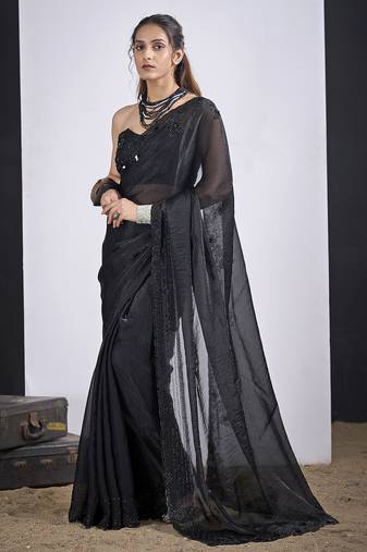 Black satin silk elegant designer saree with sequin sleek design