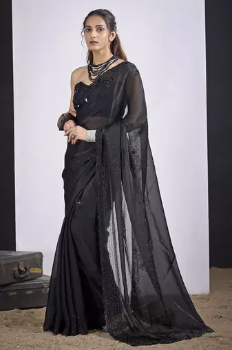 Black satin silk elegant designer saree with sequin sleek design