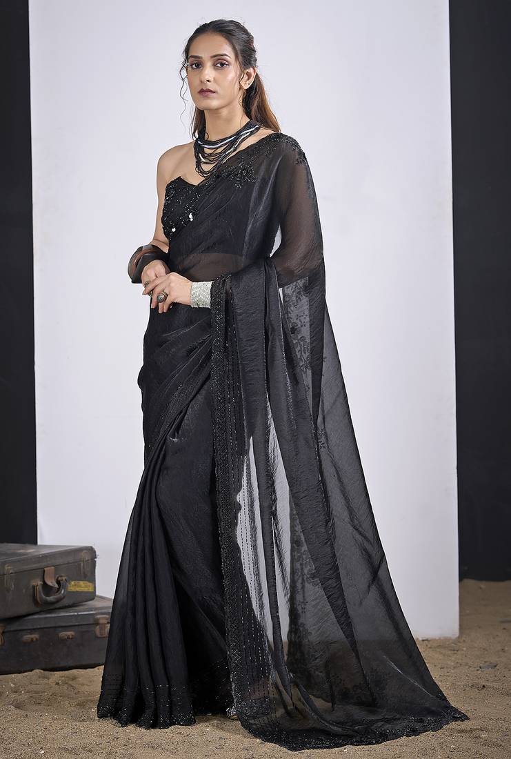 Black satin silk elegant designer saree with sequin sleek design
