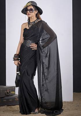 Black satin silk elegant designer saree with sequin sleek design 2