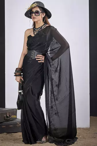 Black satin silk elegant designer saree with sequin sleek design