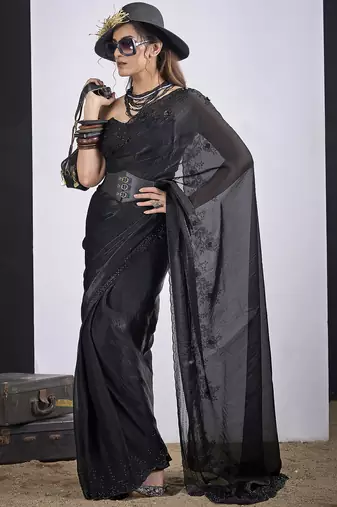 Black satin silk elegant designer saree with sequin sleek design