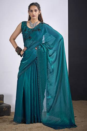 Teal blue satin silk elegant designer saree with sequin sleek design