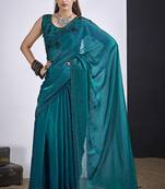 Teal blue satin silk elegant designer saree with sequin sleek design