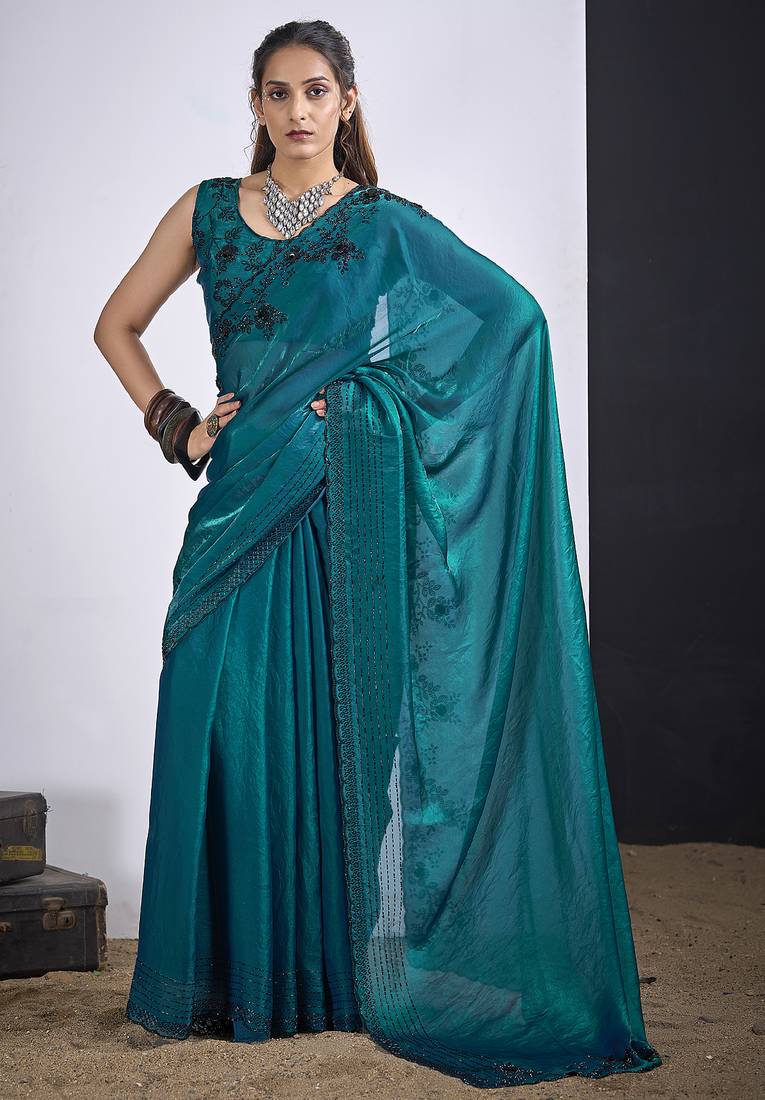 Teal blue satin silk elegant designer saree with sequin sleek design