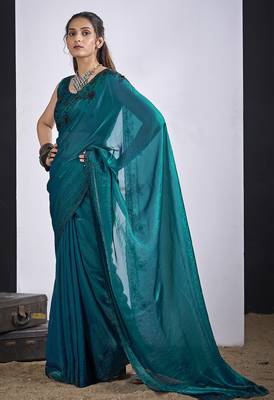 Teal blue satin silk elegant designer saree with sequin sleek design 2