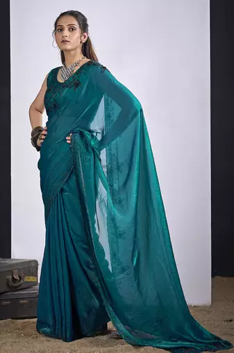 Teal blue satin silk elegant designer saree with sequin sleek design
