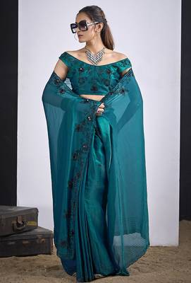 Teal blue satin silk elegant designer saree with sequin sleek design 3