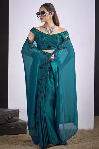 Teal blue satin silk elegant designer saree with sequin sleek design