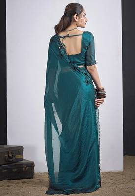 Teal blue satin silk elegant designer saree with sequin sleek design 4