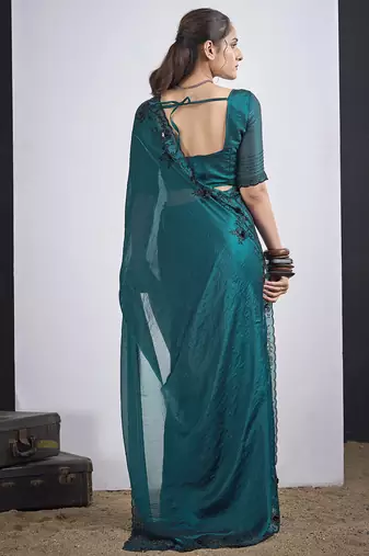 Teal blue satin silk elegant designer saree with sequin sleek design