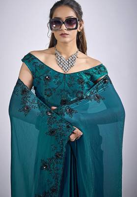 Teal blue satin silk elegant designer saree with sequin sleek design 5