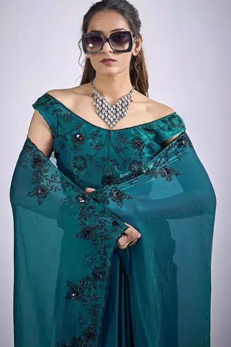 Teal blue satin silk elegant designer saree with sequin sleek design