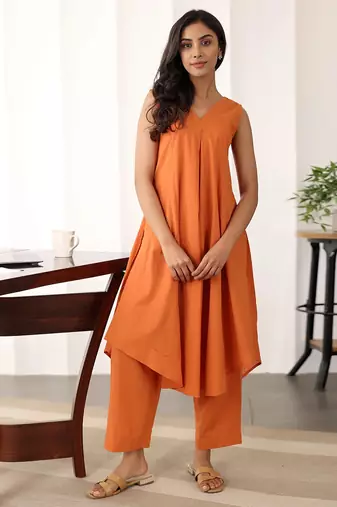 Orange solid cotton Kurta set