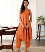 Orange solid cotton Kurta set