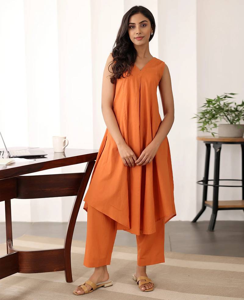 Orange solid cotton Kurta set