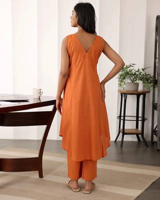 Orange solid cotton Kurta set 5