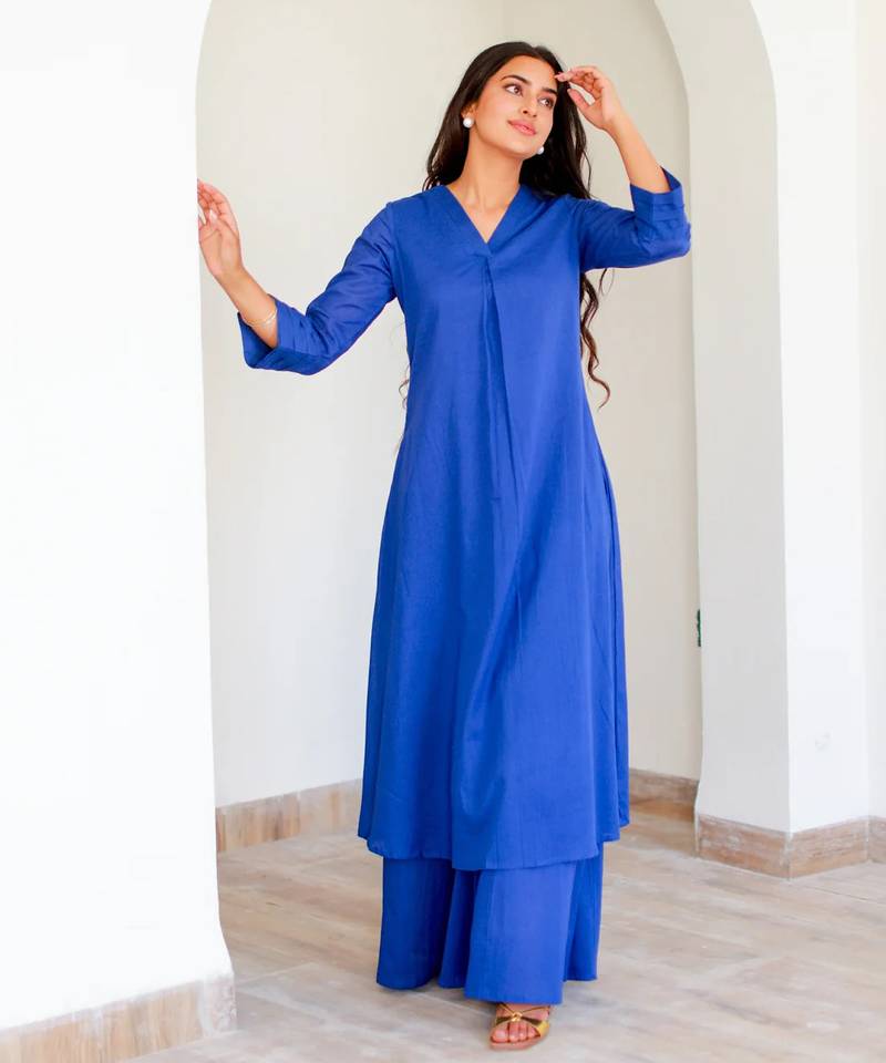 Blue solid cotton Kurta set
