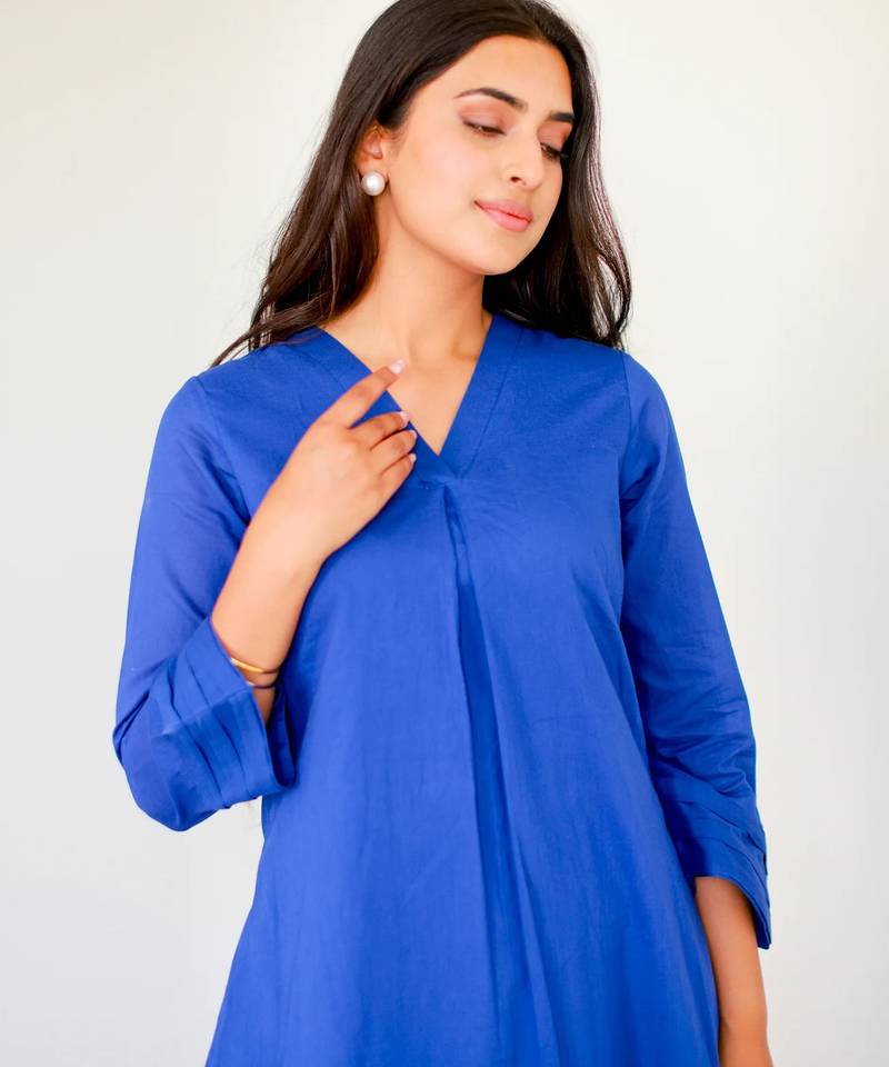 Blue solid cotton Kurta set