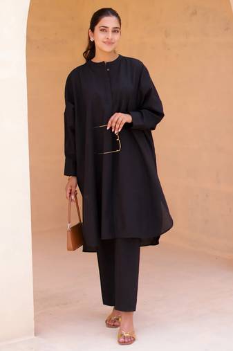 Black solid cotton Kurta set