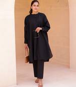 Black solid cotton Kurta set