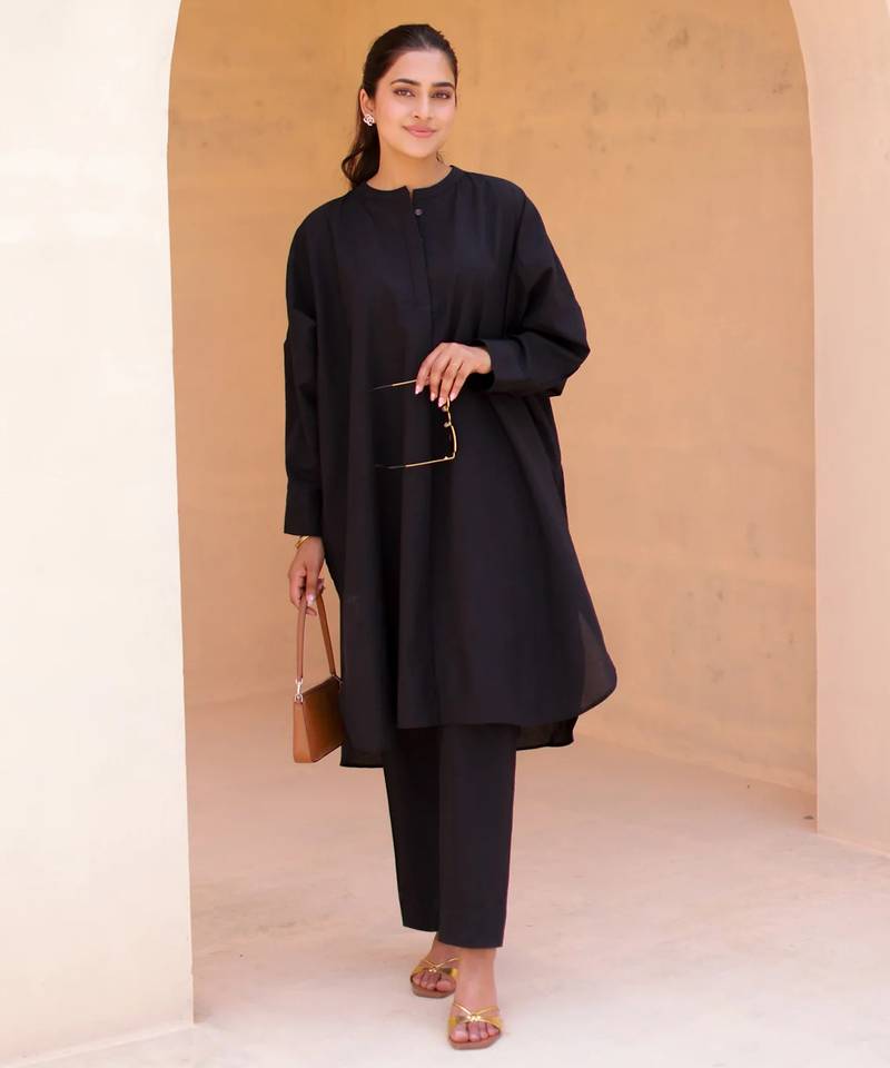 Black solid cotton Kurta set
