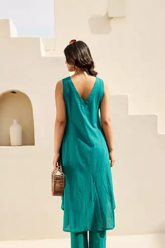 Green solid cotton Kurta set