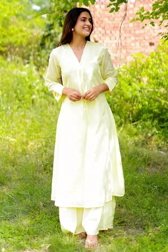 Cream solid cotton Kurta set