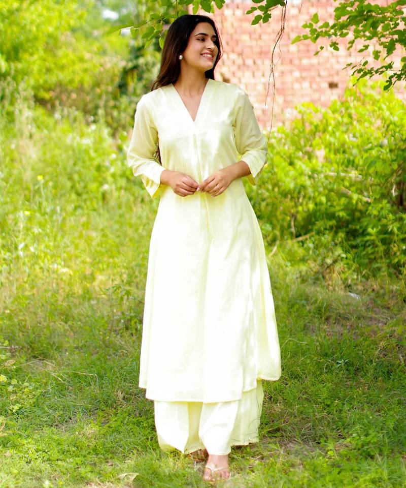 Cream solid cotton Kurta set