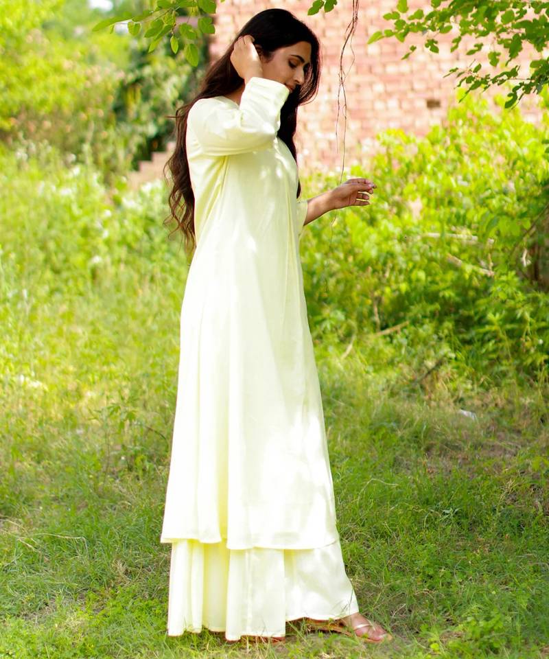 Cream solid cotton Kurta set