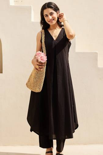 Black solid cotton Kurta set