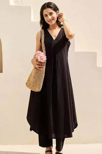 Black solid cotton Kurta set