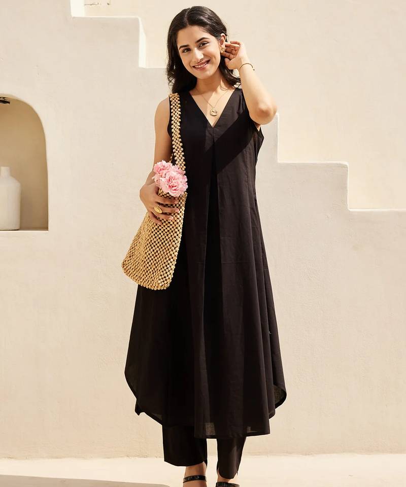 Black solid cotton Kurta set
