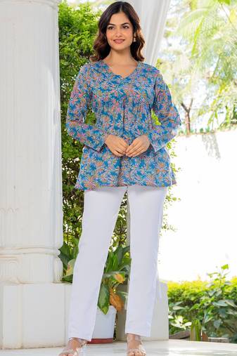 Womens blue self design cotton fabric kurtis 3/4 sleeves v-neck