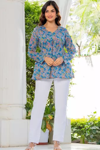Womens blue self design cotton fabric kurtis 3/4 sleeves v-neck