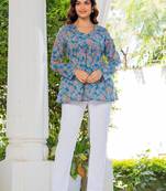 Womens blue self design cotton fabric kurtis 3/4 sleeves v-neck