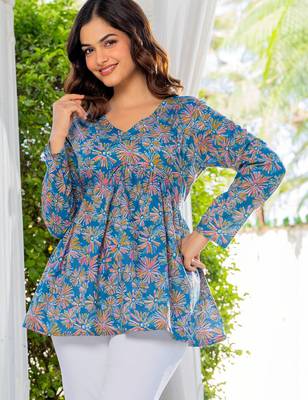Womens blue self design cotton fabric kurtis 3/4 sleeves v-neck 2