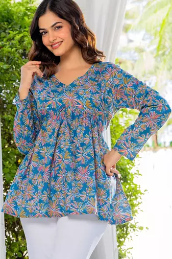 Womens blue self design cotton fabric kurtis 3/4 sleeves v-neck