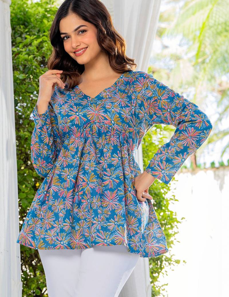 Womens blue self design cotton fabric kurtis 3/4 sleeves v-neck