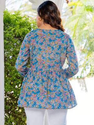 Womens blue self design cotton fabric kurtis 3/4 sleeves v-neck 3