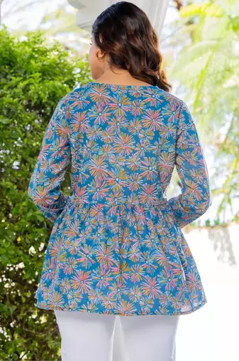 Womens blue self design cotton fabric kurtis 3/4 sleeves v-neck