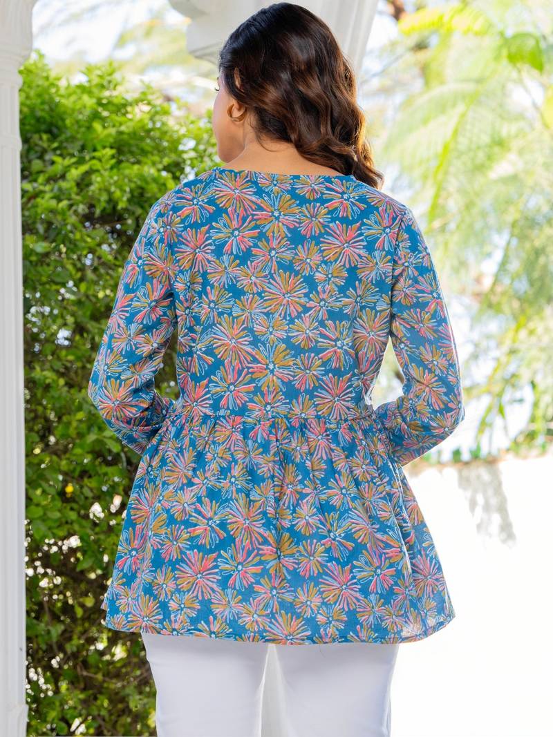 Womens blue self design cotton fabric kurtis 3/4 sleeves v-neck