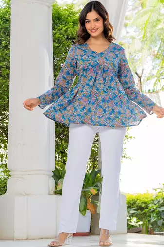 Womens blue self design cotton fabric kurtis 3/4 sleeves v-neck
