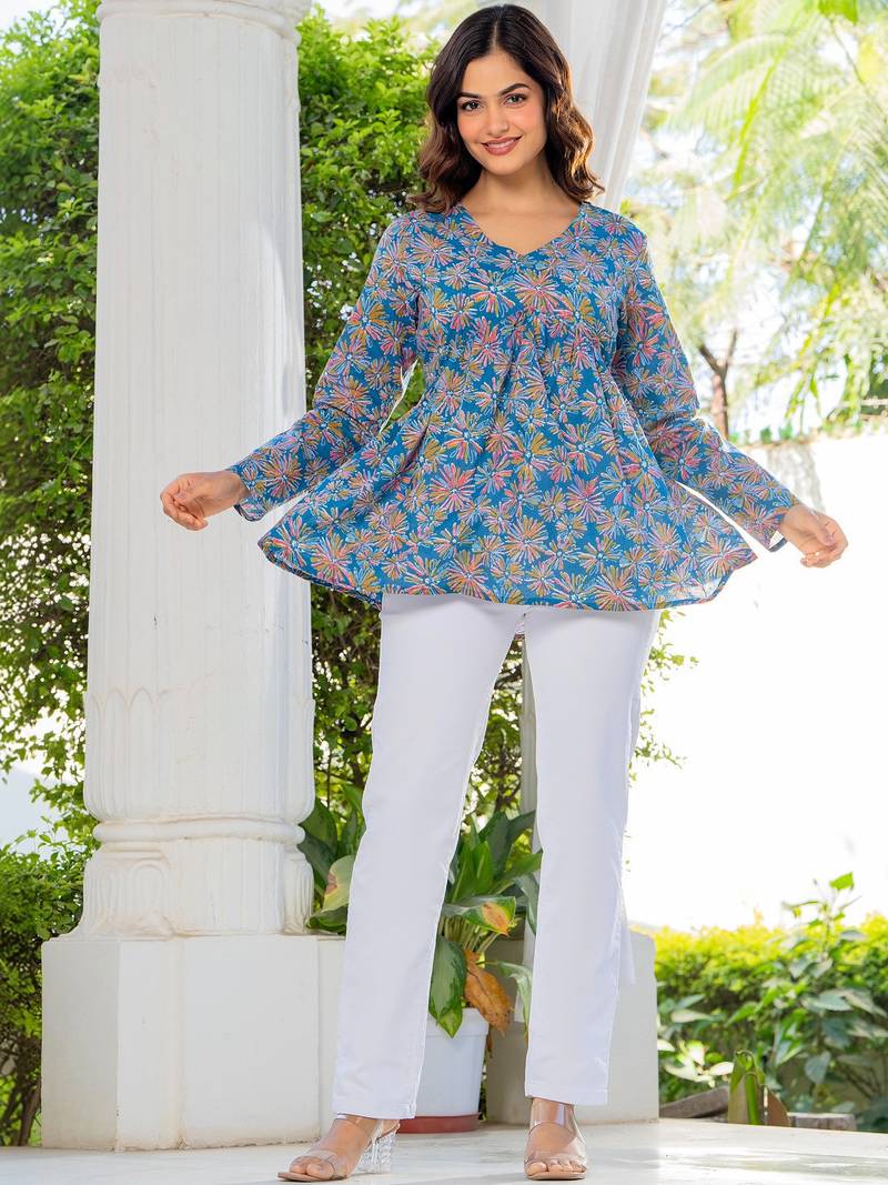 Womens blue self design cotton fabric kurtis 3/4 sleeves v-neck