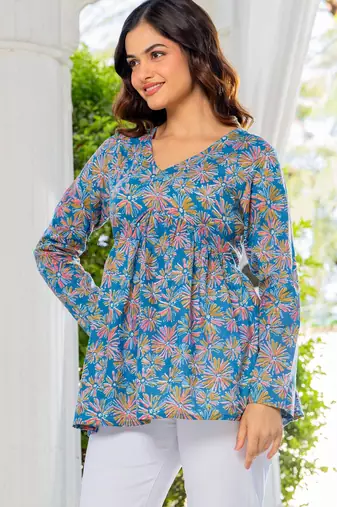 Womens blue self design cotton fabric kurtis 3/4 sleeves v-neck