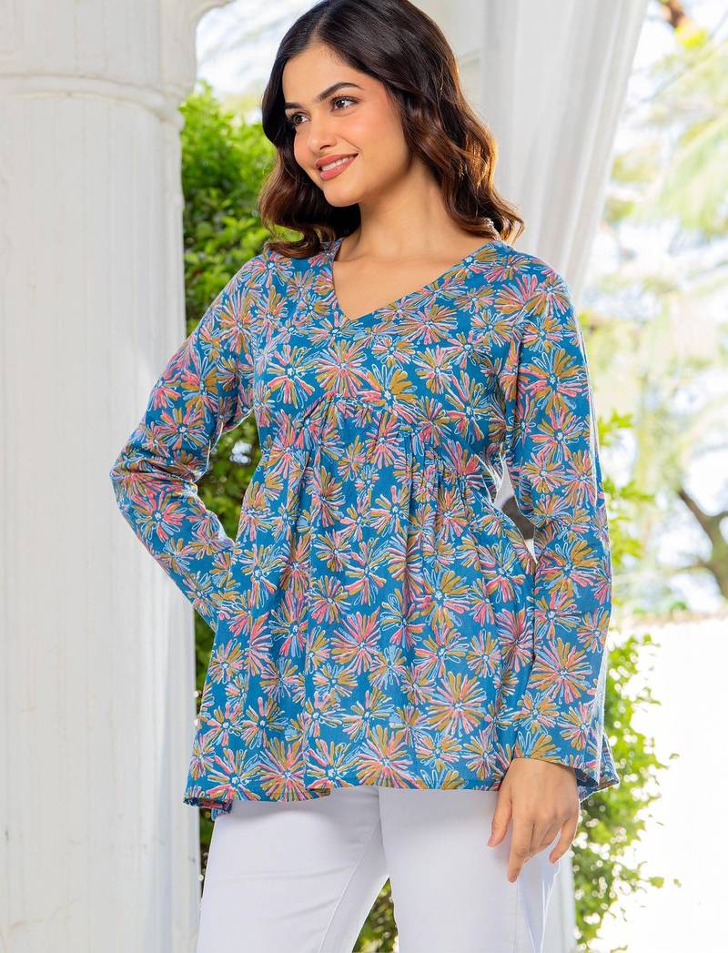 Womens blue self design cotton fabric kurtis 3/4 sleeves v-neck