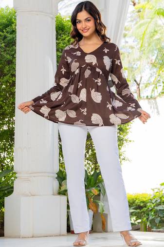 Womens brown self design cotton fabric kurtis 3/4 sleeves v-neck